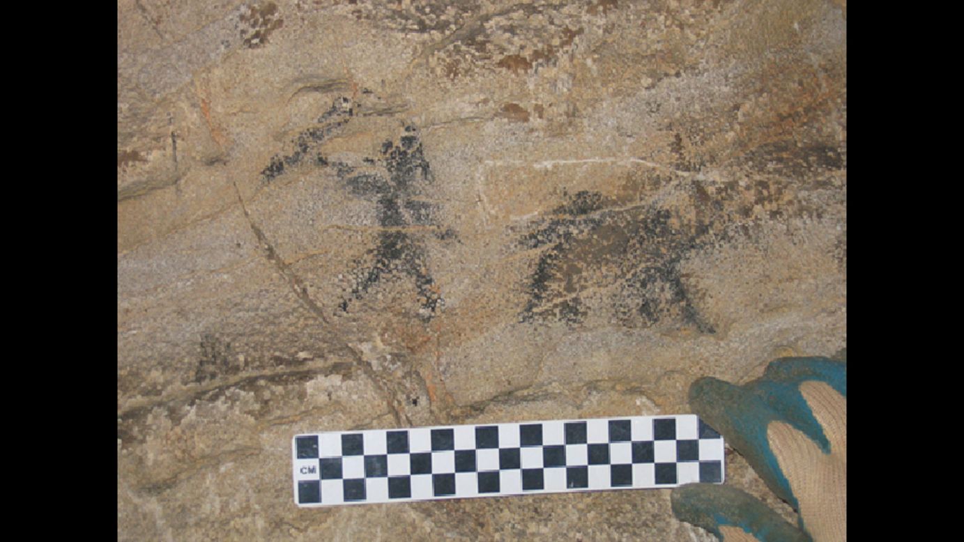 This cave painting found in eastern Tennessee, depicting a hunter with a four-legged animal, is more than 6,000 years old -- the oldest yet known in North America. 