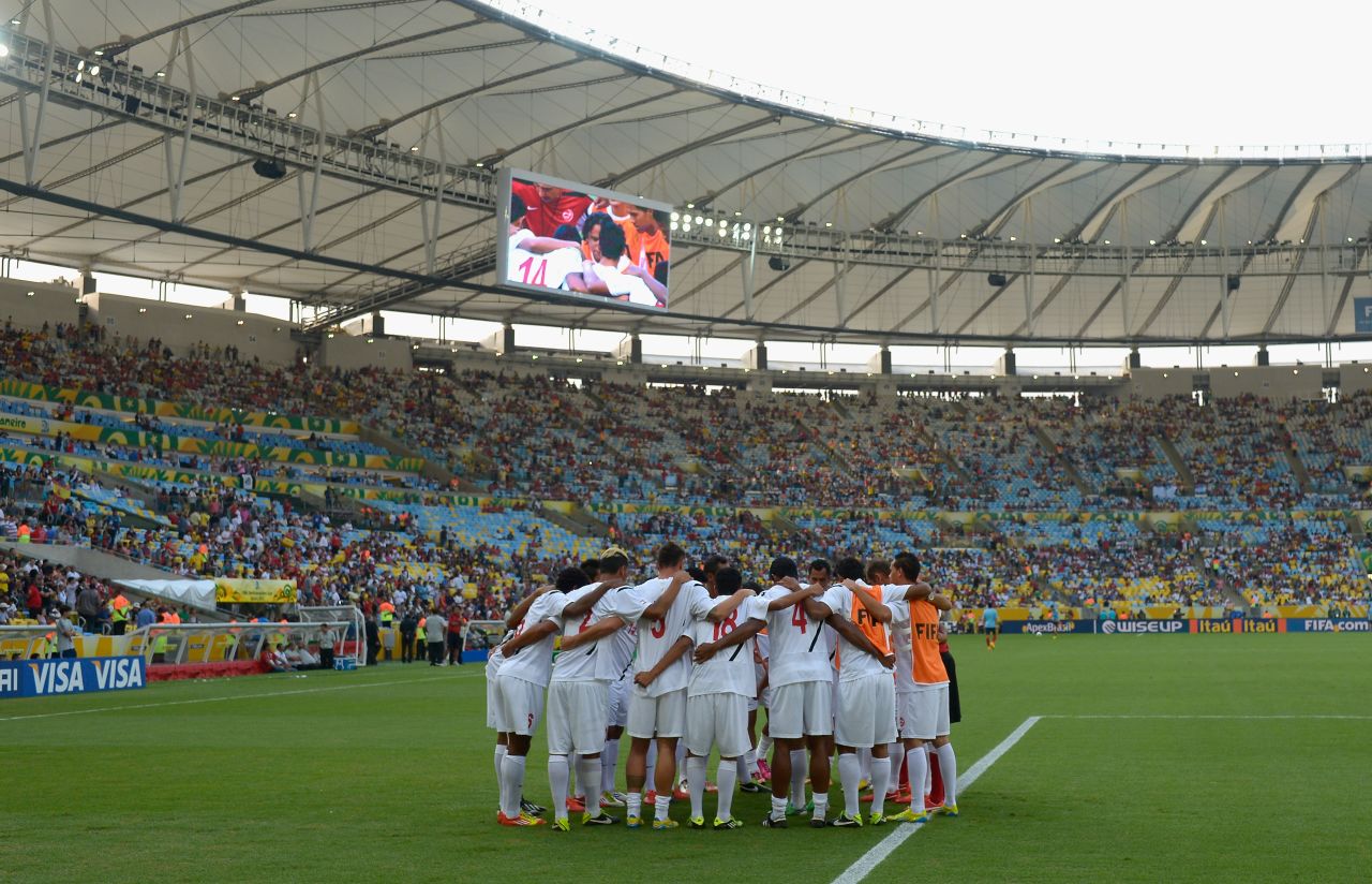 Tahiti form a huddle before their showdown with World and European champions Spain. The minnows are ranked 137 places below their opponents and eventually lost their Confederations Cup match 10-0 in Brazil.
