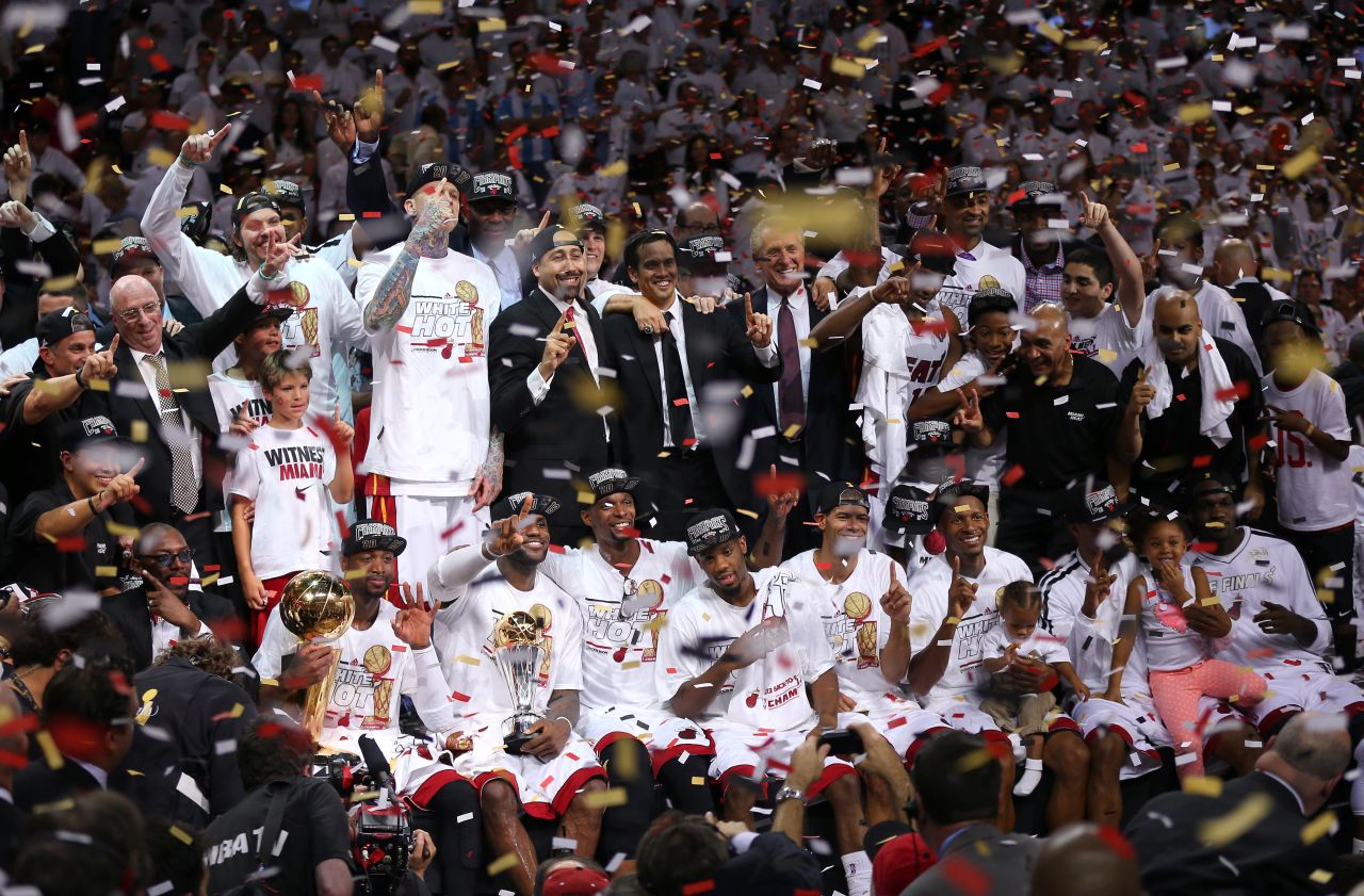 Tthe Miami Heat celebrate after defeating the San Antonio Spurs 95-88 to win Game 7 of the 2013 NBA Finals at AmericanAirlines Arena on June 20, in Miami, Florida. 