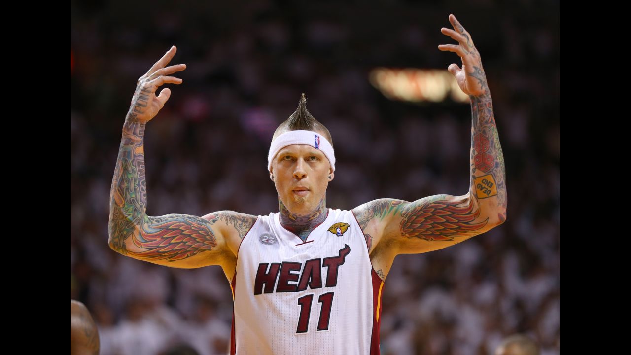 Chris Andersen of the Miami Heat reacts in the third quarter while taking on the San Antonio Spurs.