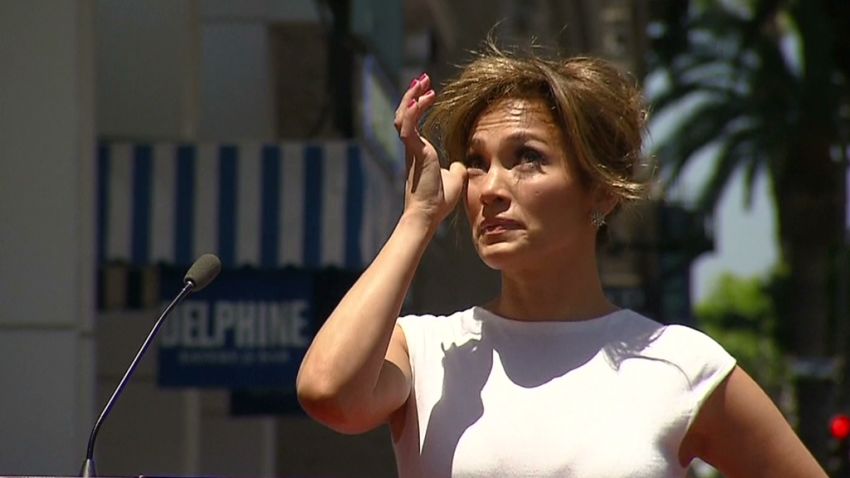Jennifer Lopez tears up during her speech during a ceremony where her star on the Hollywood Walk of Fame was unveiled. Los Angeles June 20, 2013.