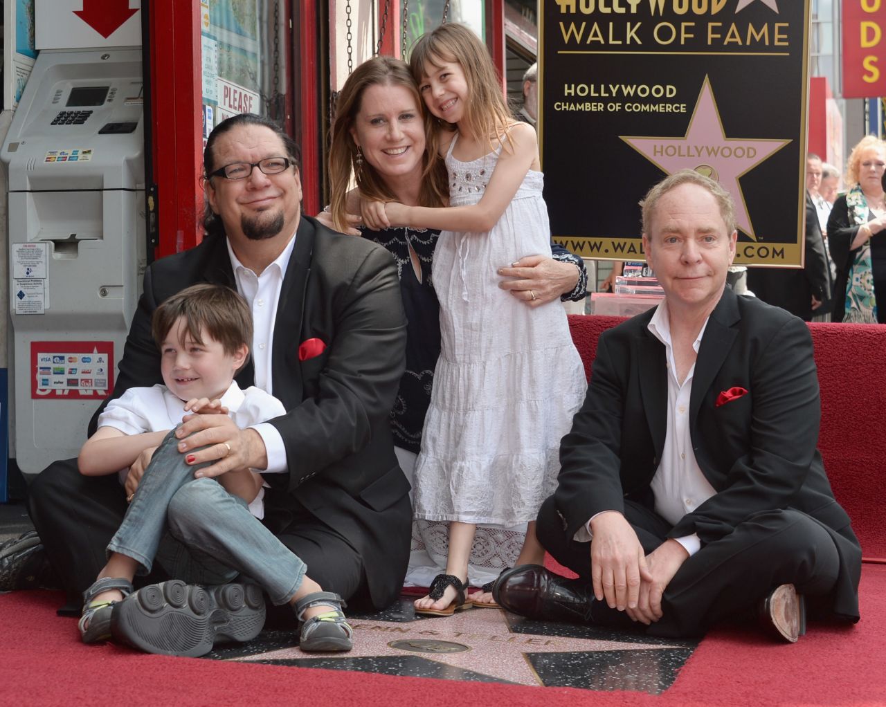 We suppose magician Penn Jillette, seen here with his family and magic partner Teller in April 2013, really wanted magical names for his kids. His son's name, Zolten, is actually his wife, Emily's, maiden name, while his daughter's name is more creative: Moxie Crimefighter. "I love that it's a purely American word ... and I love that it stands for old-fashioned spunk and energy," <a href="http://celebritybabies.people.com/2007/06/13/cbb_exclusive_p/" target="_blank" target="_blank">Penn said</a> in 2007. 