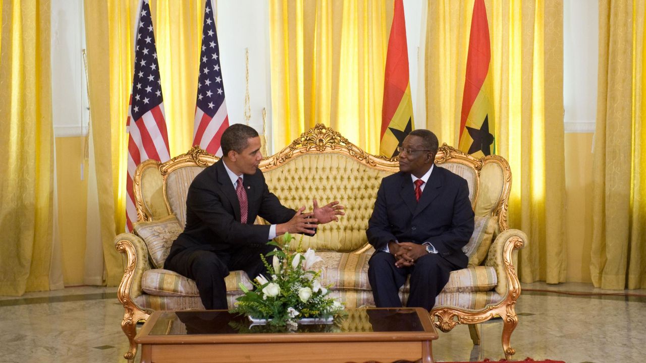 President Barack Obama speaks with Ghanaian President John Atta-Mills at Osu Castle, the government headquarters and a former slave trading fort, in Accra, Ghana, on July 11, 2009.