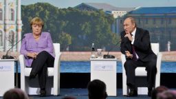 Russia's President Vladimir Putin (R) and Germany's Chancellor Angela Merkel attend an International Economic Forum in St. Petersburg, on June 21, 2013. Putin and Merkel announced today that they would both attend the opening of a Saint Petersburg exhibition including treasures taken by the Red Army at the end of World War II. German officials had said earlier their visit to the "Bronze Age of Europe -- Europe Without Borders" exhibition at the Hermitage museum had been scrapped due to what German media said was a wrangle over the future of the so-called trophy art.
AFP PHOTO / OLGA MALTSEVAOLGA MALTSEVA/AFP/Getty Images