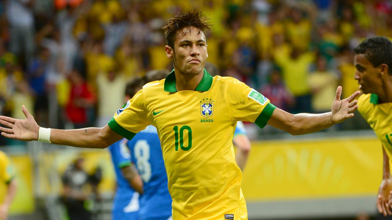 Neymar celebrates his superb free kick goal against Italy in the Confederations Cup in Salvador 