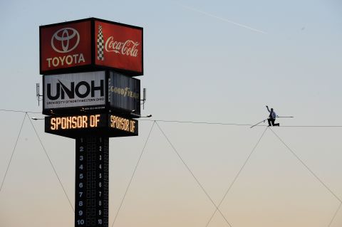 Wallenda performs during prerace ceremonies for the NASCAR Sprint Cup Series: Bank of America 500 at Charlotte Motor Speedway in Concord, North Carolina, in October 2012.