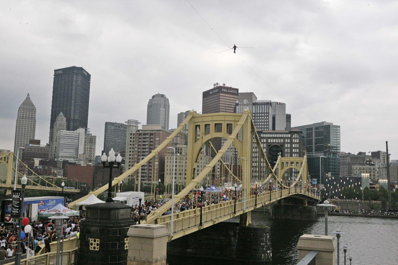 Wallenda walks a 1,000-foot-long high-wire suspended 200 feet over the Allegheny River in Pittsburgh in July 2009. 