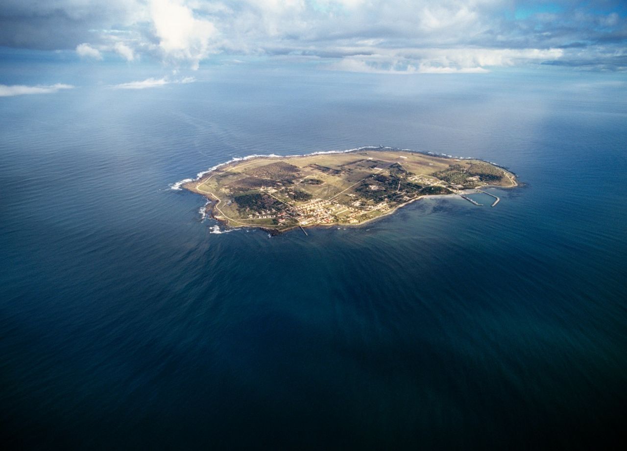 An aerial view shows the entire island, which is approximately 5 square miles (13 square kilometers).