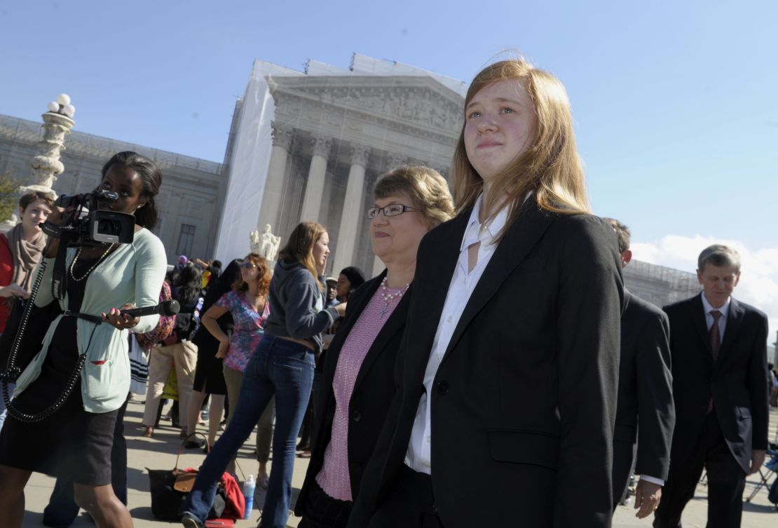 Abigail Fisher, right, who sued the University of Texas, outside the Supreme Court in Washington in 2012.