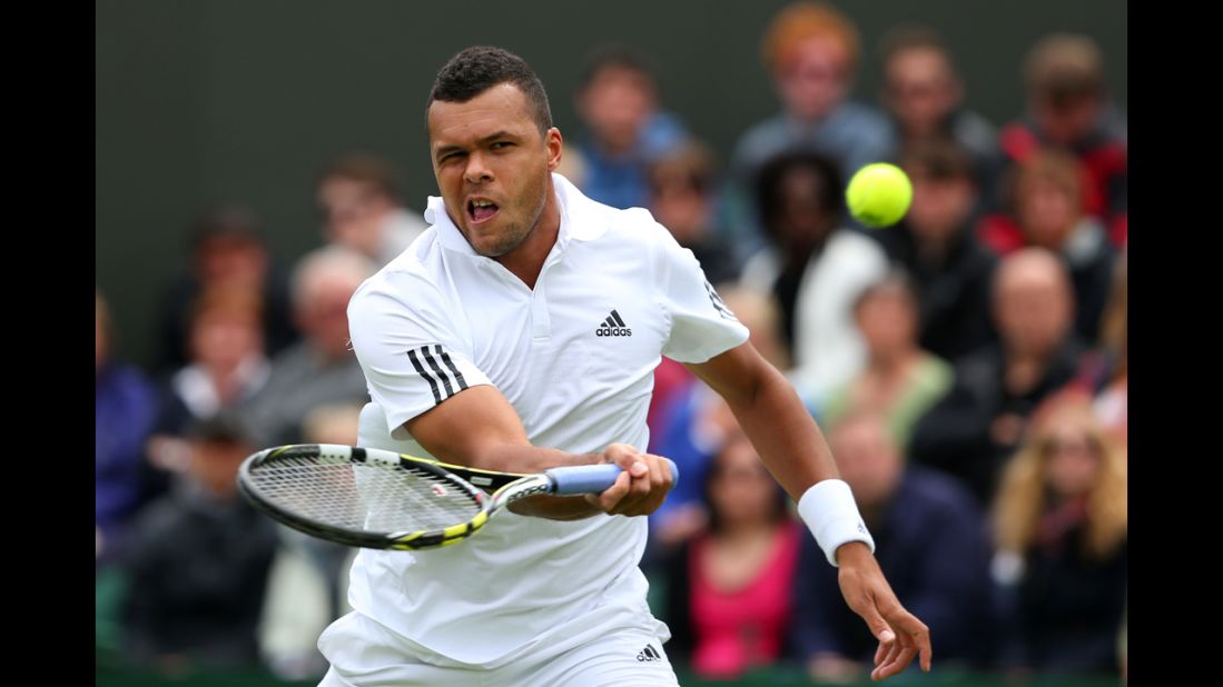 Jo-Wilfried Tsonga of France plays a forehand against David Goffin of Belgium on June 24. Tsonga won 7-6 (7-4), 6-4, 6-3.