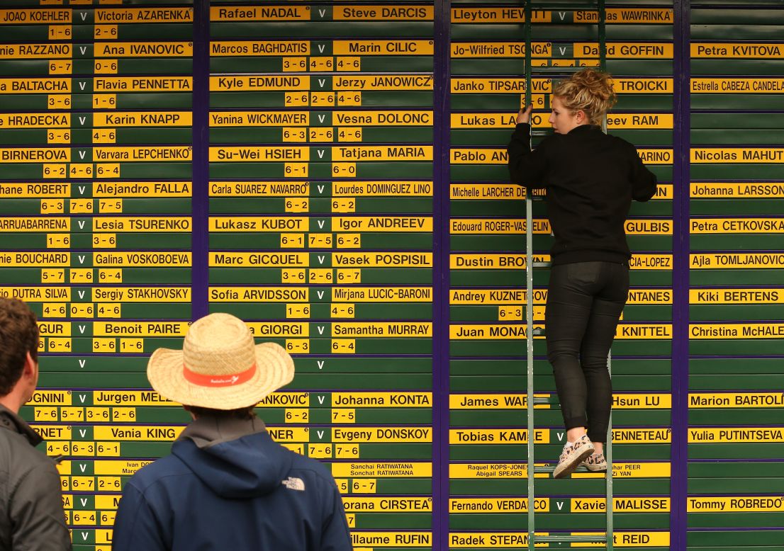 A worker updates the Wimbledon scoreboard on June 24.