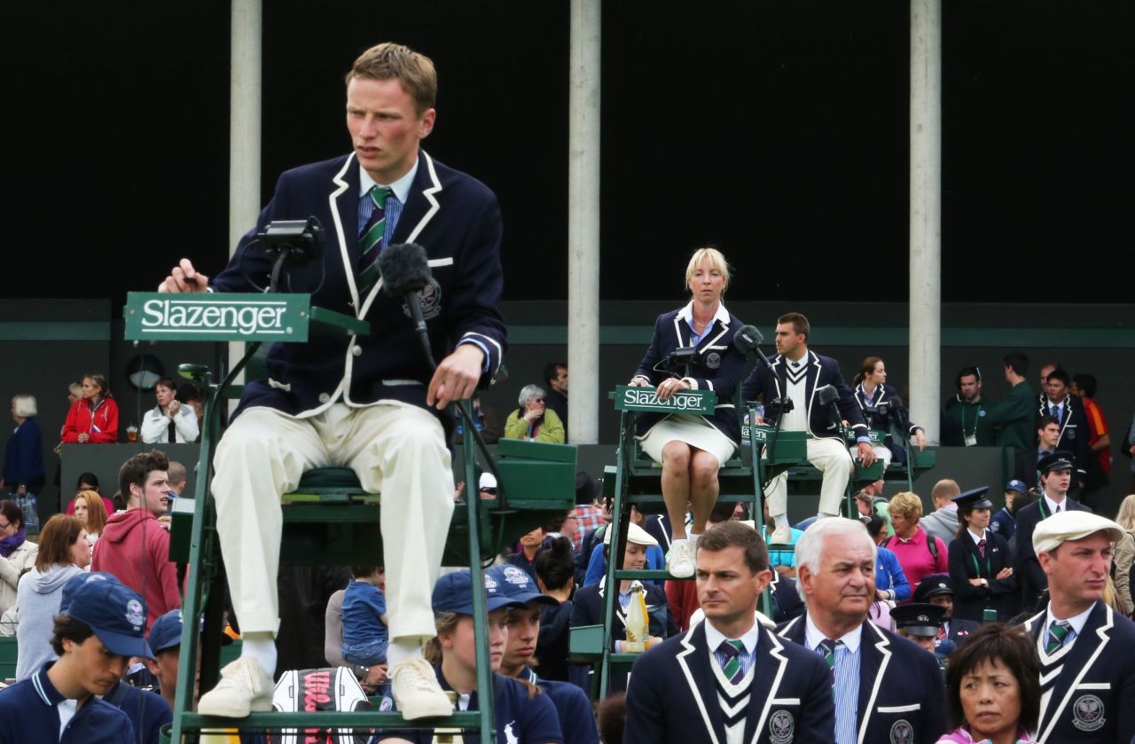 Chair umpires work on the outside courts during Wimbledon on June 24.