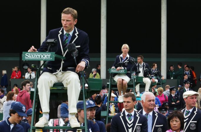 Chair umpires work on the outside courts during Wimbledon on June 24.