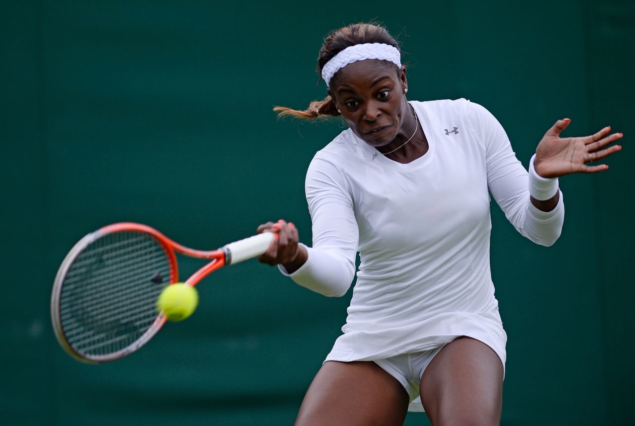 Sloane Stephens of the United States plays a forehand during her first-round match against Jamie Hampton of the United States on June 24.