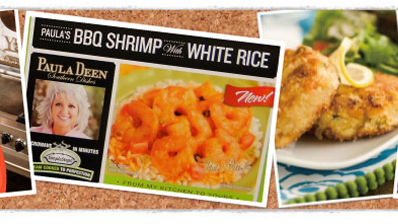 Gobo Seafood sells Paula Deen Southern Dishes -- like Savannah crab cakes, seafood dip, seafood stews, crab stuffed seafood, fried shrimp, and catfish -- at grocery stores nationwide. The relationship began in 2009 and recipes are adapted from Deen's popular dishes at The Lady & Sons restaurant.