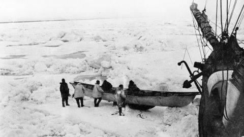 While stuck on the ship, the men built sleds and boats like this Eskimo-style umiak, to use in case they lost their ship and then had to cross the ice or water. Stefansson took some of the expedition's best dogs and five men, including McConnell, and set out for shore to hunt for meat. The ship soon drifted away, cutting off Stefansson and McConnell's group from the Karluk. 