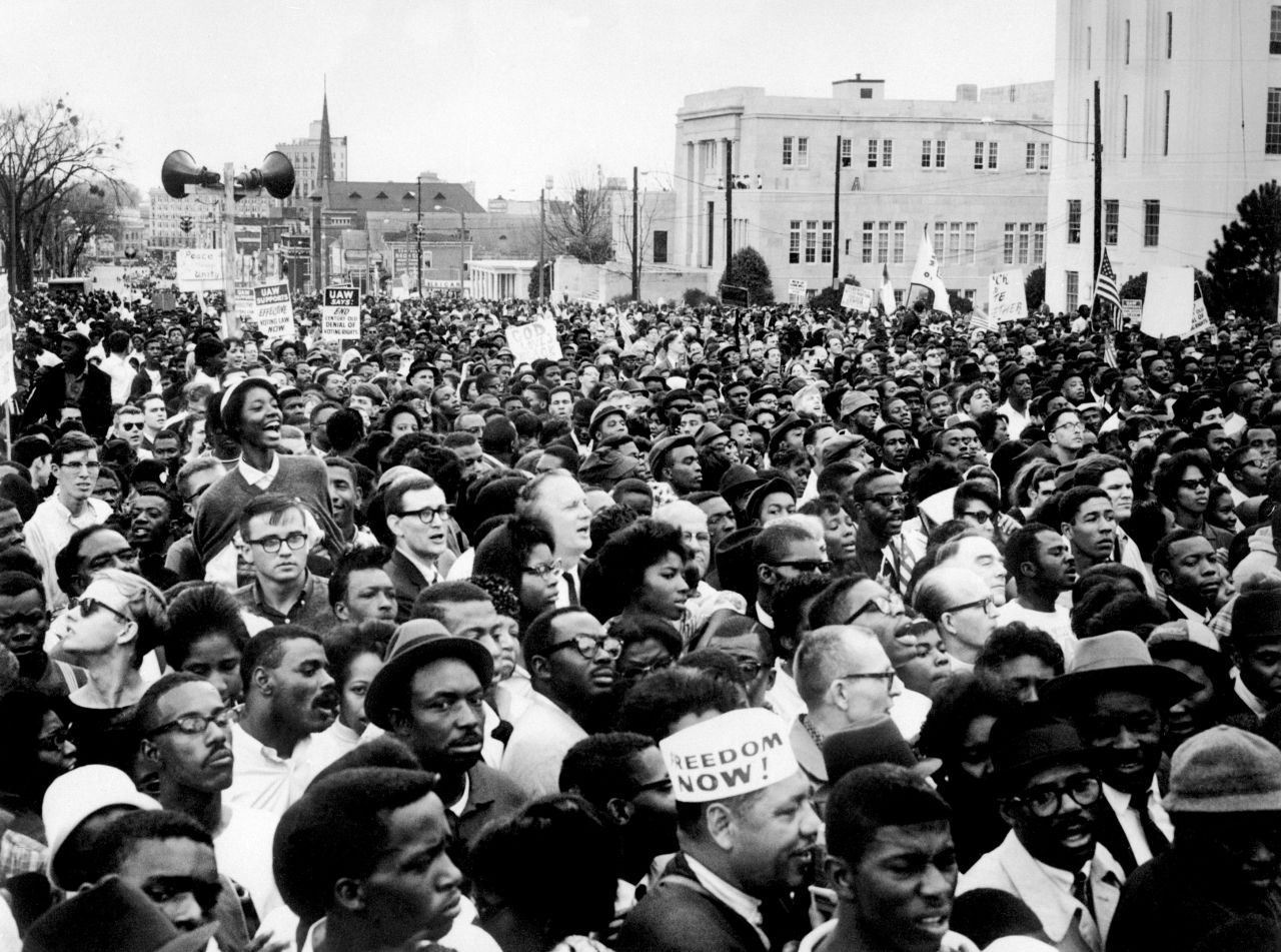 Marchers during the 1965 voting rights campaign in Selma, Alabama gather for a rally on March 26, 1965, a few weeks after "Bloody Sunday." Black residents were beaten, fired from their jobs and imprisoned trying to vote.