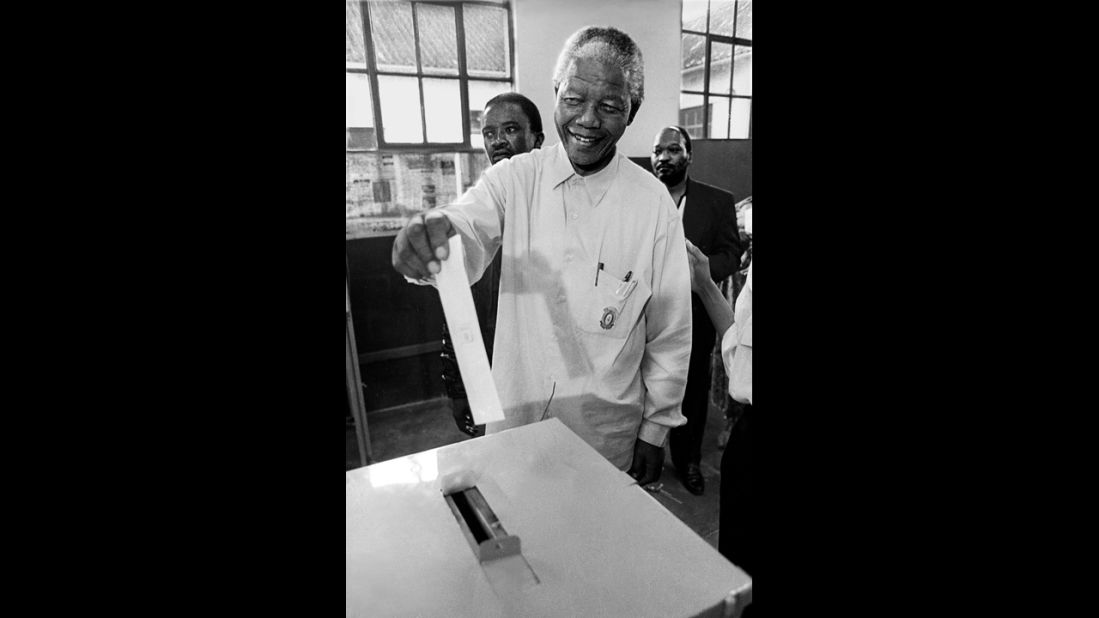 Mandela votes for the first time in his life on March 26, 1994.
