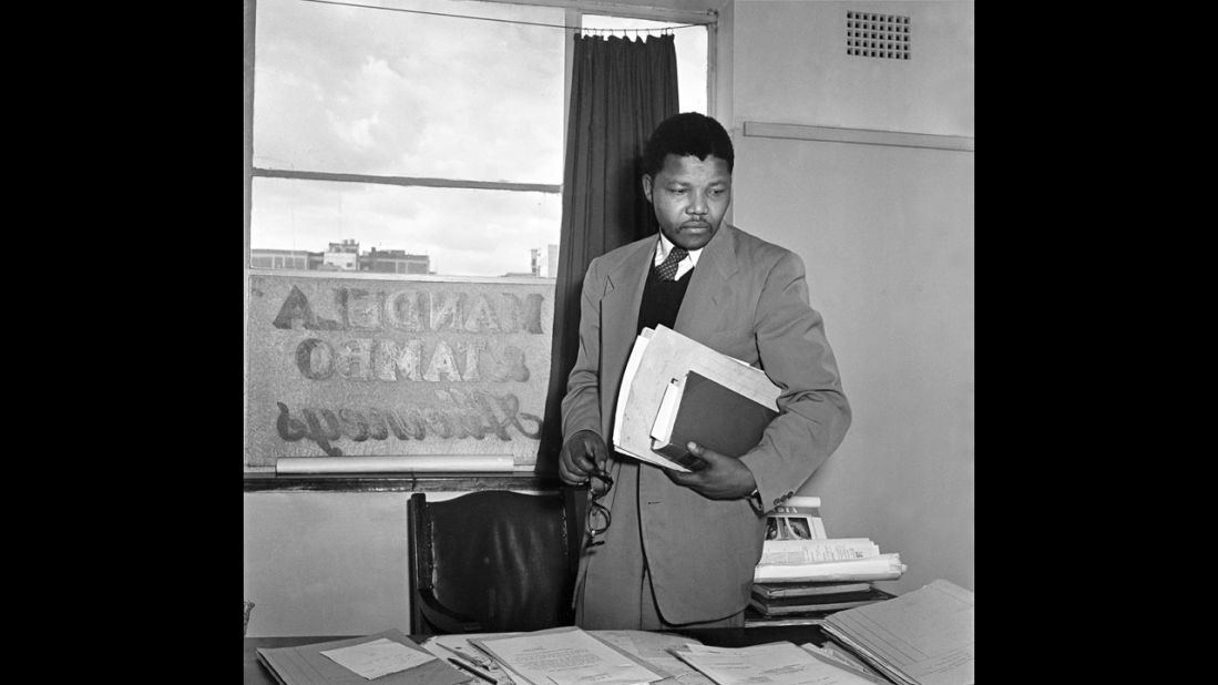 Mandela in the office of Mandela & Tambo, a law practice set up in Johannesburg by Mandela and Oliver Tambo to provide free or affordable legal representation to black South Africans.