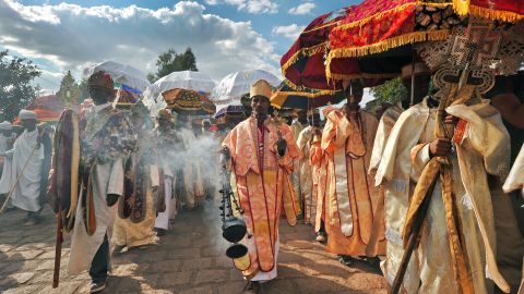 Ethiopian priests and monks walk during the annual festival of Timkat in Lalibela, which celebrates the Baptism of Jesus in the Jordan River.