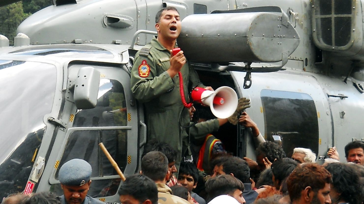 Helicopter rescues pilgrims stranded because of heavy flooding near Kedarnath, Uttarakhand on June 24, 2013.