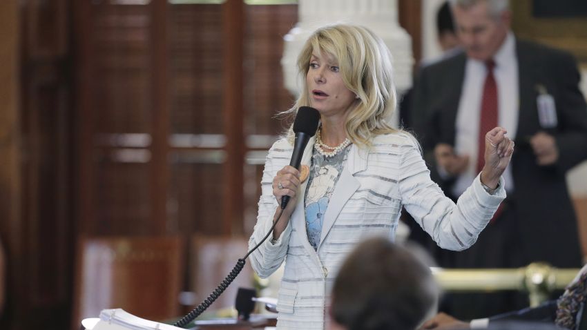 Sen. Wendy Davis, D-Fort Worth, speaks as she begins a filibuster in an effort to kill an abortion bill, Tuesday, June 25, 2013, in Austin, Texas. The bill would ban abortion after 20 weeks of pregnancy and force many clinics that perform the procedure to upgrade their facilities and be classified as ambulatory surgical centers.  (AP Photo/Eric Gay)