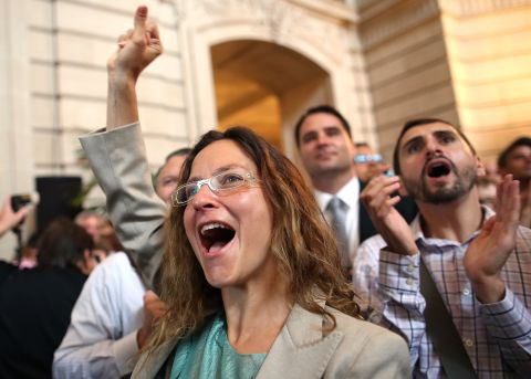 Supporters of same-sex marriage cheer at City Hall in San Francisco.