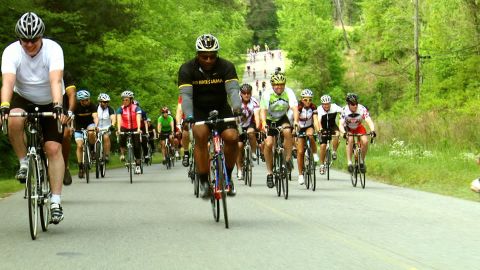 Bo Jackson, center, leads a group of cyclists across Alabama to raise money for tornado victims.