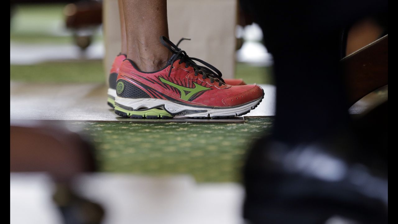 Texas state Sen. Wendy Davis wears running shoes in place of her dress shoes during her<a href="http://www.cnn.com/2013/06/26/politics/wendy-davis-profile/index.html" target="_blank"> one-woman filibuster</a> in an effort to kill an abortion bill on Tuesday, June 25, in Austin, Texas. The shoes became a symbol of the <a href="http://www.cnn.com/2013/06/26/tech/social-media/texas-filibuster-twitter/index.html">#standwithwendy</a> movement.