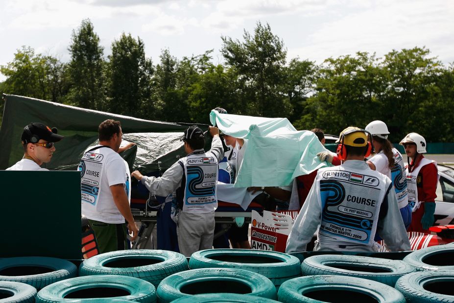 The marshals are also first on the scene when the drivers crash. They are trained in how to support a driver's neck before the medical team arrive. They they were on hand at Felipe Massa's heavy crash at Hungary in 2009.