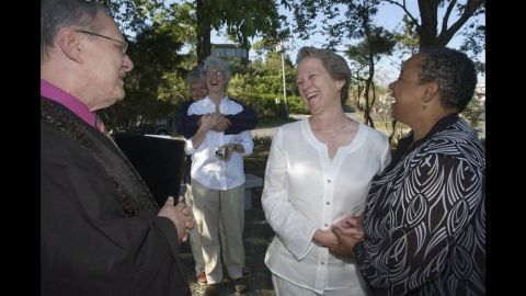 Phillips and Green are all smiles as they celebrate their wedding in 2010 in Provincetown, Massachusetts.