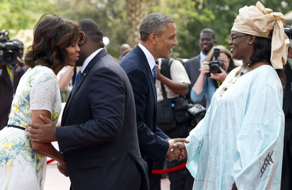 Senegal President Macky Sall and his wife Marieme Faye Sall welcome President Barack Obama and first lady Michelle Obama on Thursday, June 27, at the presidential palace before meetings in Dakar. Obama arrived in Dakar late on June 26 to start his tour of Africa.