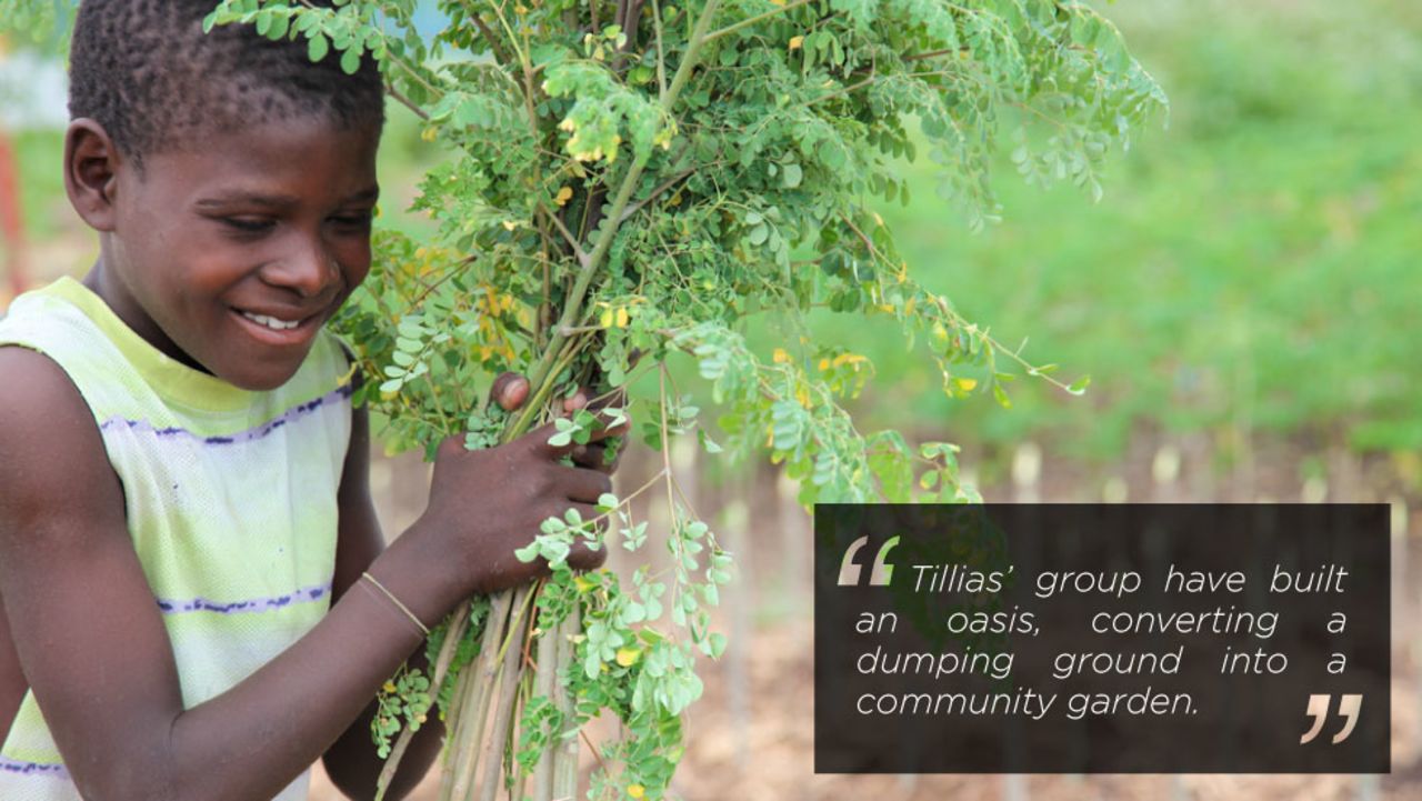 A young boy learning to plant and grow food at Tillias' community gardens, Jaden Tap Tap. 'Jaden' means 'garden' in Creole.