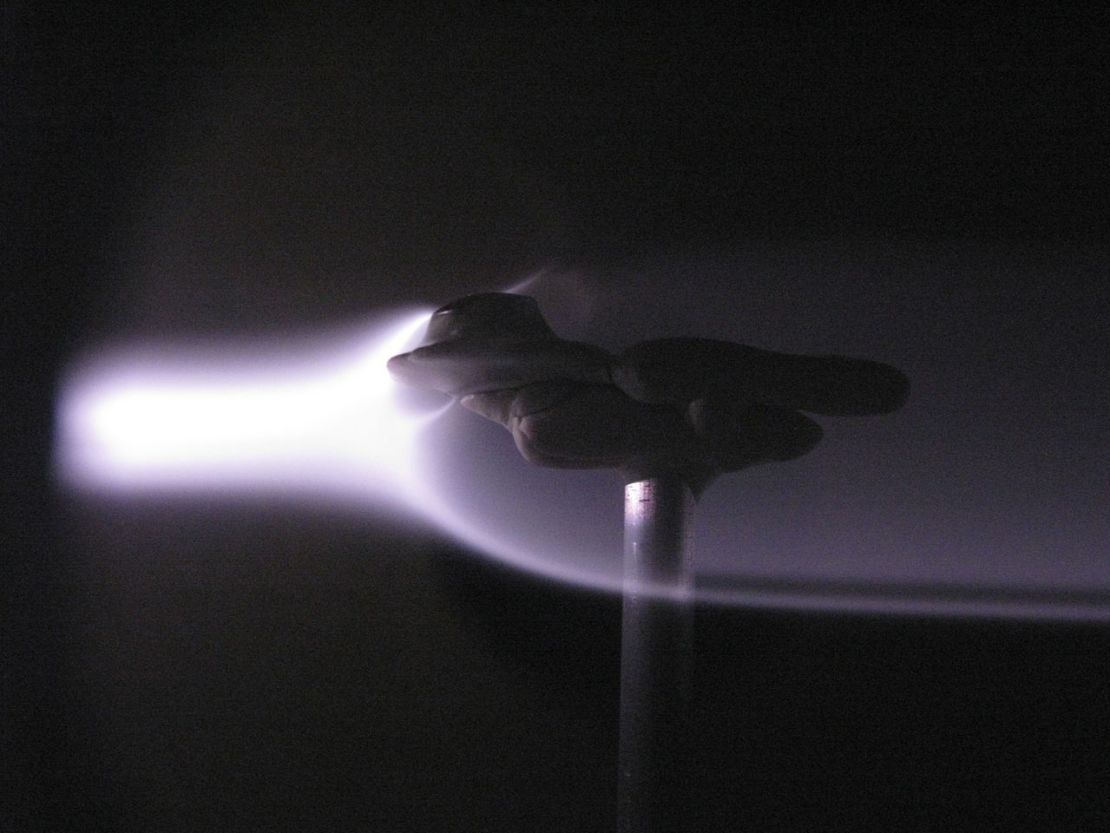 A model with the mini-magnetosphere shield is tested in a plasma stream.