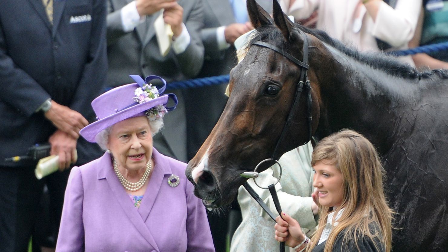 Queen Elizabeth II congratulates her horse Estimate following its Gold Cup win at Royal Ascot in 2013.
