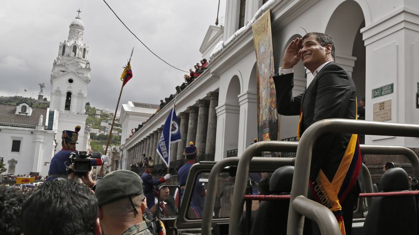 Ecuadorean President Rafael Correa arrives at the Carondelet Presidential Palace in Quito on May 24, 2013 after being sworn in to a second term Friday, with energy reform and expanded overseas trade topping his agenda. AFP PHOTO/Pablo COZZAGLIOPABLO COZZAGLIO/AFP/Getty Images