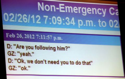 A transcript of Zimmerman's police call on the night of the shooting is projected during opening arguments on June 24.