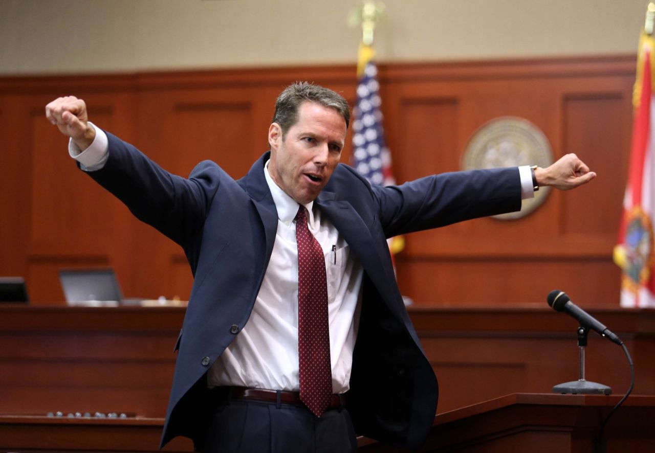Prosecutor John Guy gestures during his opening arguments on June 24. His first words to the six-woman jury may have raised a few eyebrows. "Good morning. 'F*****g punks, these a******s all get away,'" Guy quoted Zimmerman. "These were the words in this grown man's mouth as he followed this boy that he didn't know. Those were his words, not mine."