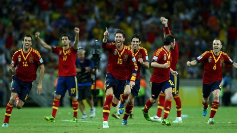 Sergio Ramos leads the celebrations as Jesus Navas' penalty takes Spain to Sunday's Confederations Cup final.