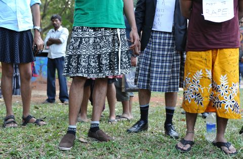 Men in Bangalore, India, wear skirts on January 12, 2013, during a demonstration against the <a href="http://www.cnn.com/2013/04/22/world/asia/india-rape-sexism/index.html?iref=allsearch" target="_blank">rape and sexual abuse of women</a>.