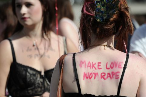 Women take part in a "SlutWalk" protest in central London on June 11, 2011. <a href="http://www.cnn.com/2011/WORLD/americas/05/10/canada.slutwalk.protests/index.html">The global phenomenon</a> was sparked by comments from a Canadian police official who said "women should avoid dressing like sluts in order not to be victimized."