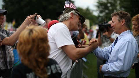 Sen. Rand Paul greets supporters at a tea party movement rally in Washington earlier this month.