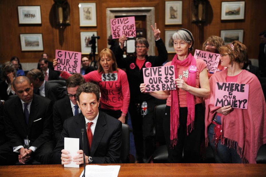Also claiming the color pink, members of<a href="http://www.cnn.com/2013/05/23/politics/gallery/medea-benjamin/index.html"> Code Pink </a>often stand out in Washington. The group, a women-initiated peace activism organization, is seen here as Treasury Secretary Timothy Geithner prepares to testify at a congressional hearing on April 21, 2009. 