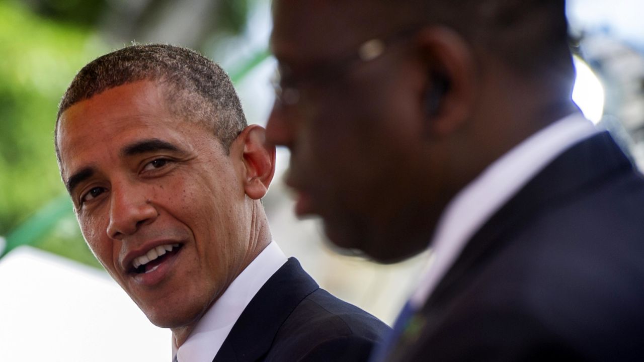 Obama talks with Sall during a bilateral press conference on June 27.