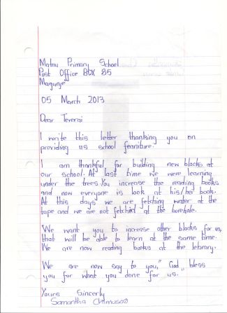 A thank-you letter written to Trent by a child from Matau.