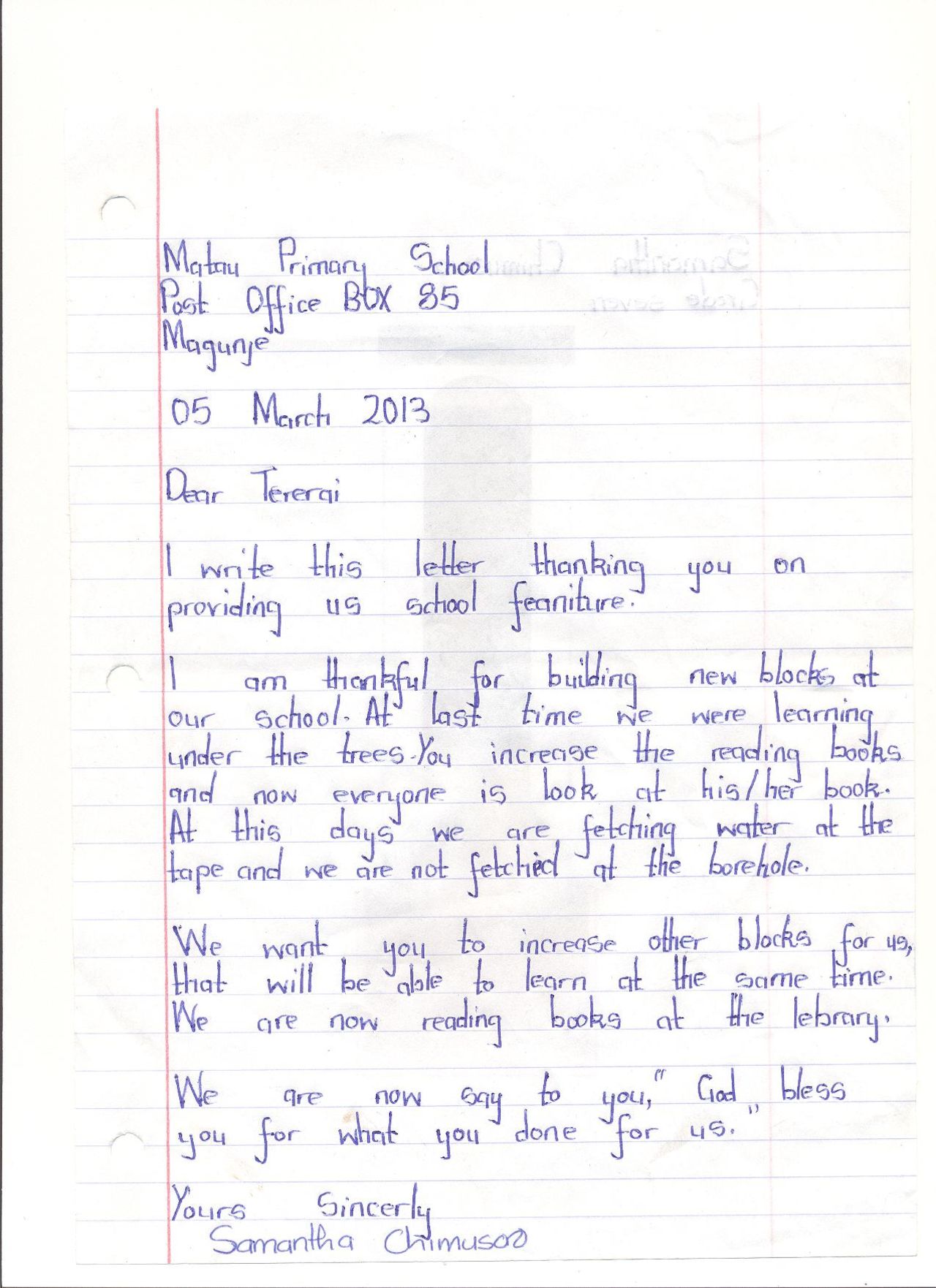 A thank-you letter written to Trent by a child from Matau.