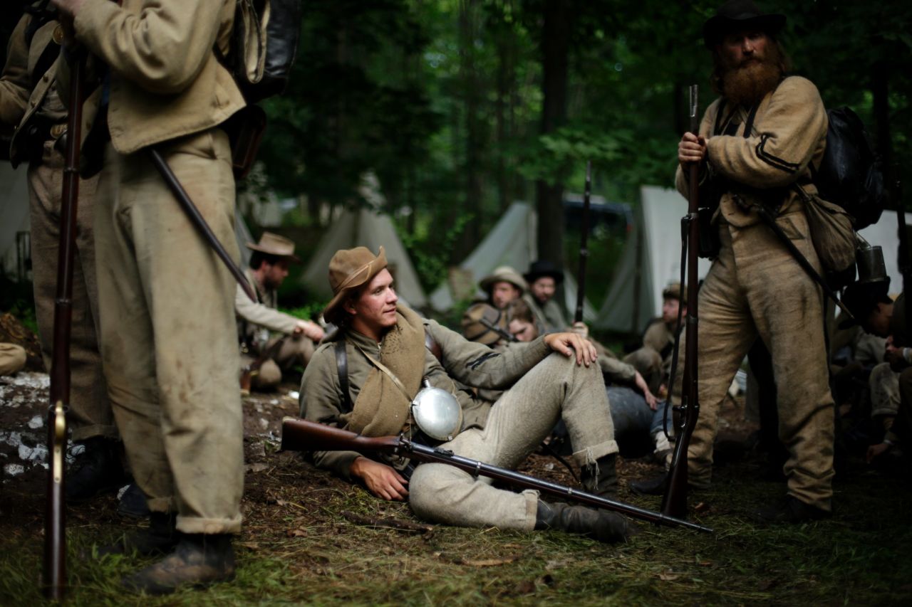 Members of the 1st Tennessee wait to take part in an engagement at Bushey Farm in Gettysburg.