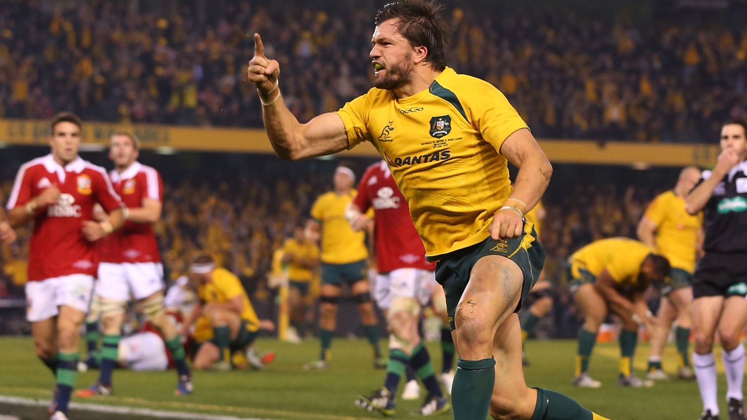 Adam Ashley Cooper celebrates his game winning try for the Wallabies as they beat the British and Irish Lions 16-15.