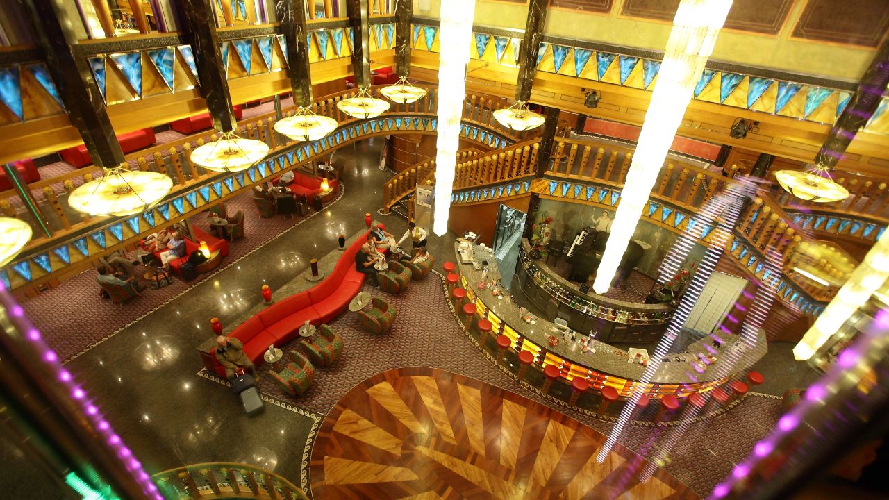 The cruise ship Costa Atlantica, in port in Singapore on May 3, features a luxurious atrium.
