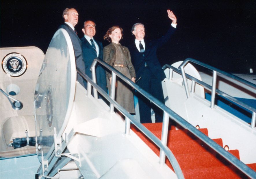 In 1981, Nixon and fellow ex-presidents Gerald Ford, left, and Jimmy Carter, right, flew SAM 26000 to the funeral of Egyptian President Anwar Sadat. (Also attending: former first lady Rosalynn Carter.) They felt "somewhat ill at ease" together, wrote Carter years later. Then Nixon "surprisingly eased the tension," Carter recalled. The men bonded. The trip resulted in a long friendship between bitter election rivals Carter and Ford.